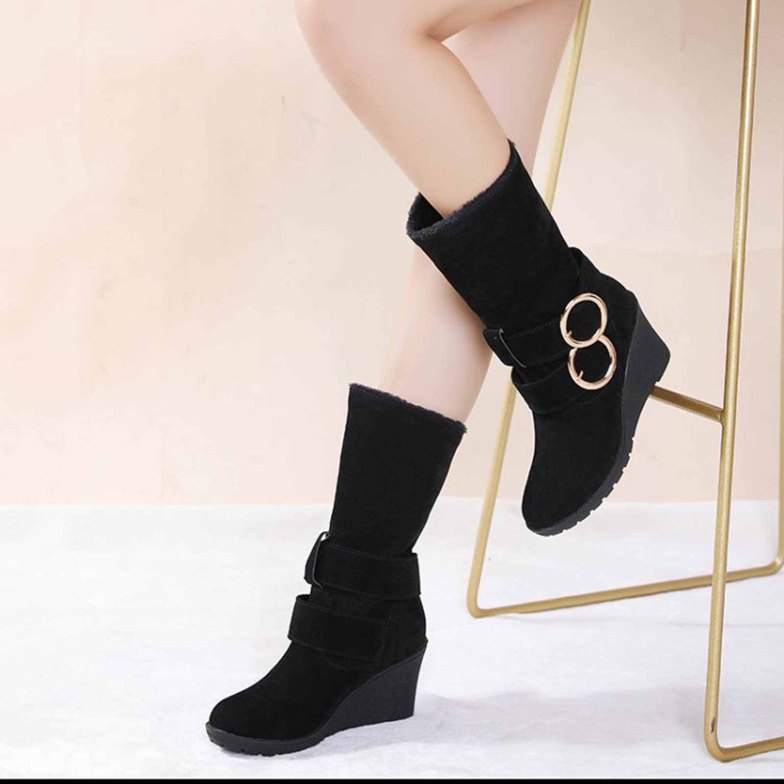 Scarpe Invernali 2026 Stivali Corti Smerigliati Autunno e Inverno da Donna Fibbia Per Cintura Tacco Inclinato Neve Addensati In Peluche Stivaletti
