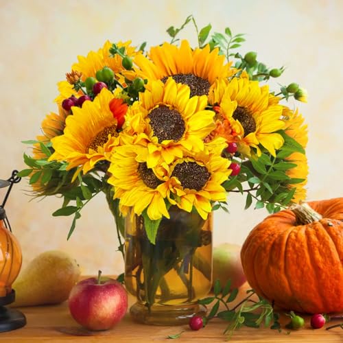 10PCS Sunflowers Artificial Flowers, Fake Silk Sunflower with Long Stem, Artificial Sunflowers for Fall Home Decor, Baby Shower, Wedding Decor and Cemetery Flowers Decor image 2