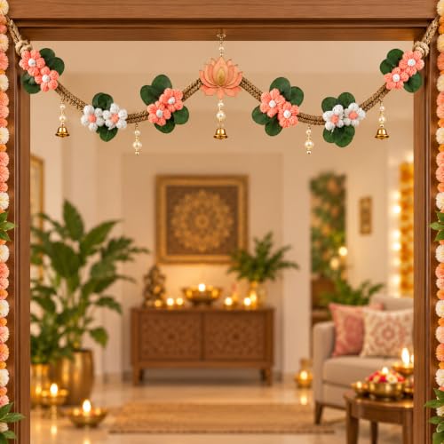 Image of Akaar Decor Artificial Marigold Door Hanging Toran | Diwali Decoration Items for Home Decor| Festive Decor| Office Decor| -(L:Approx. 2.5ft) (Crochet Bandhanwar Peach)