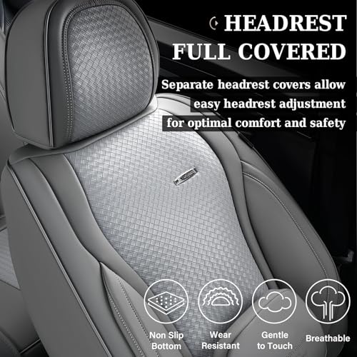 Image of Coverado Car Seat Covers Full Set, Gray Seat Covers for Cars, Waterproof Nappa Leather Automotive Seat Covers with Lumbar Head Pillow, Car Seat Protectors, Universal Fit for Most Cars SUV