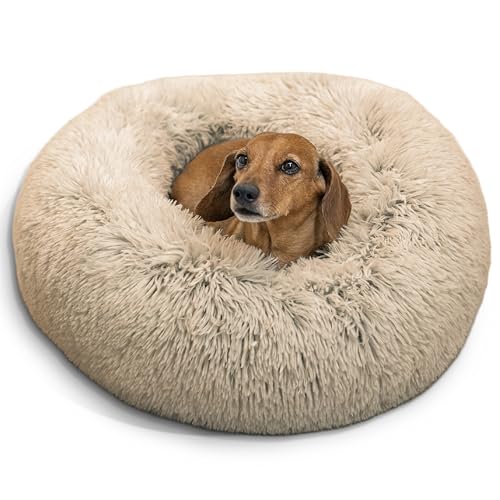 Best Friends by Sheri The Original Calming Donut Dog Bed for Small Dogs up to 25 lbs Shag Faux Fur Taupe 23 x 23