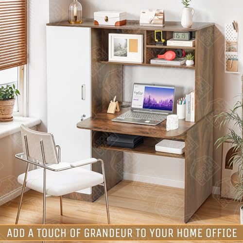 Image of ABOUT SPACE Study Table with Hutch & Cabinet - Computer Table with Top Bottom Storage DIY Engineered Wood Office Desk with Adjustable Shelves Cable Management (Walnut, White - L 119 x B 60 x H 153cm)
