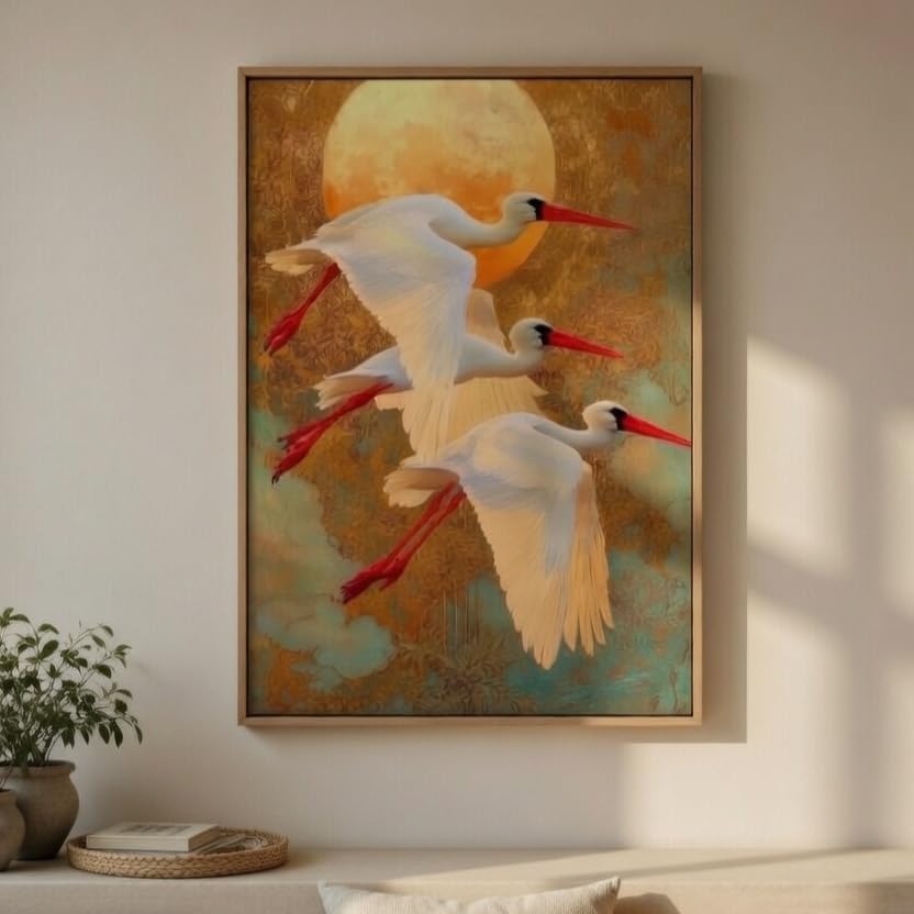 Image of Livin'luxe Flying Crane Bird Wall Painting with Wooden Frame | Elegant Bird Artwork HD UV Laminated MDF Wall Decor | Nature Inspired Wall Art for Living Room Bedroom Home Decor