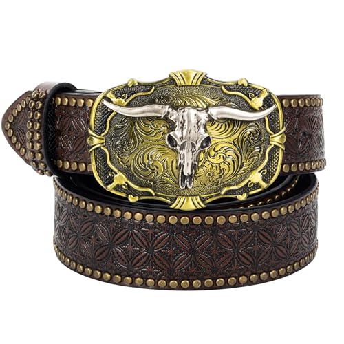 UTOWO Men Dark-Brown Casual-Belt Bronze-Buckle Western-Cowboy-Belt Country-Rodeo Skull-Longhorn Jeans-Acc for 32-40 In Waist