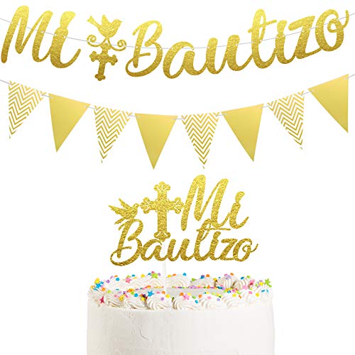 Gold Glitter Mi Bautizo Banner Mi Bautizo Cake Topper Decorations Glitter Triangle Flag Banner First Holy Communion Decorations for Baby Shower Baptism Girls boys Christening Celebration Decor