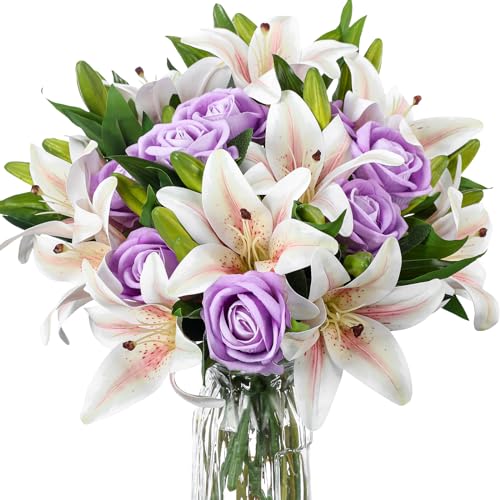 Image of Hotop 20 Pcs Artificial Flowers Easter Velvet Realistic Roses and Latex Lilies Flowers Bouquet Decorations Arrangements for Home Table Centerpieces Wedding Decor(Purple, White)
