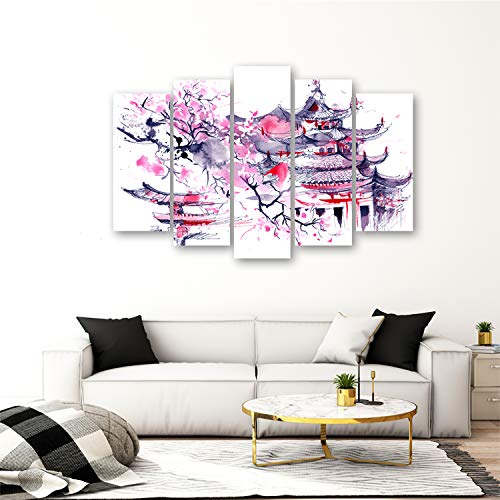 Feeby Canvas Schilderij 5-delig 100x70 Foto op Canvasdoek Abstracte Muurdecoratie Wanddecoratie Kunstprint XXL Type A Japanse Kersenboom Tempel Kersenbloesem Paars Roze - Afbeelding 4