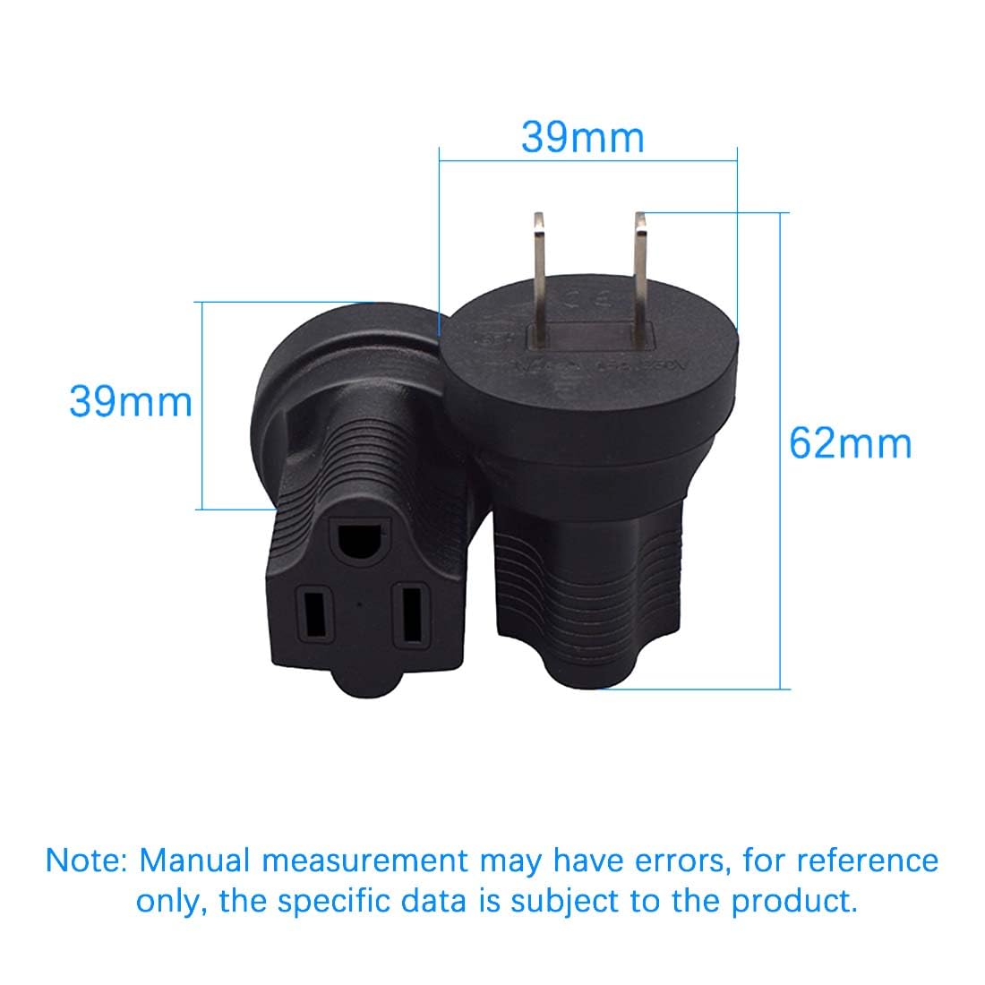 NEMA 1-15P a 5-15R Adaptador de corriente alterna, convertidor de corriente estándar americano de 2 pines a 3 agujeros, enchufe macho NEMA 1-15P a enchufe hembra 5-15R, 1-15P a 5-15R