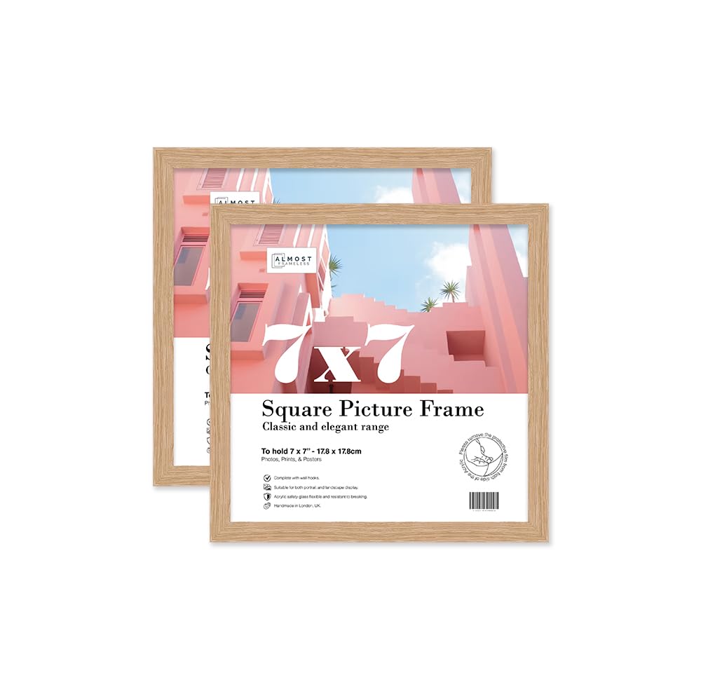 Almost Frameless 7x7 Oak Picture Frame Set of 2, Display 7x7 Picture Gallery Wall, Poster, Photo, Artwork, or Print, Oak, Square