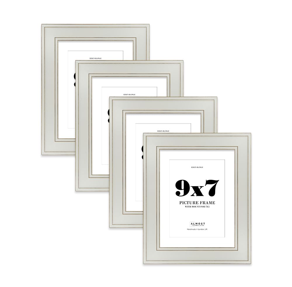 9x7" Light Grey Picture Frame with 7x5" Mount - Shabby Chic Photo Frame with Distressed Finish, Gold Trim, Wall Hooks and Kickstand, 37mm Edge - 4 Pack