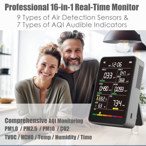 Image of 16-in-1 Indoor Air Quality Monitor, High-Precision Multi-Parameter Smart Air Quality Tester with HD Real-Time Color Screen, Portable Air Quality Monitor for Home, Office, Cars, Bedroom (Light Gray)