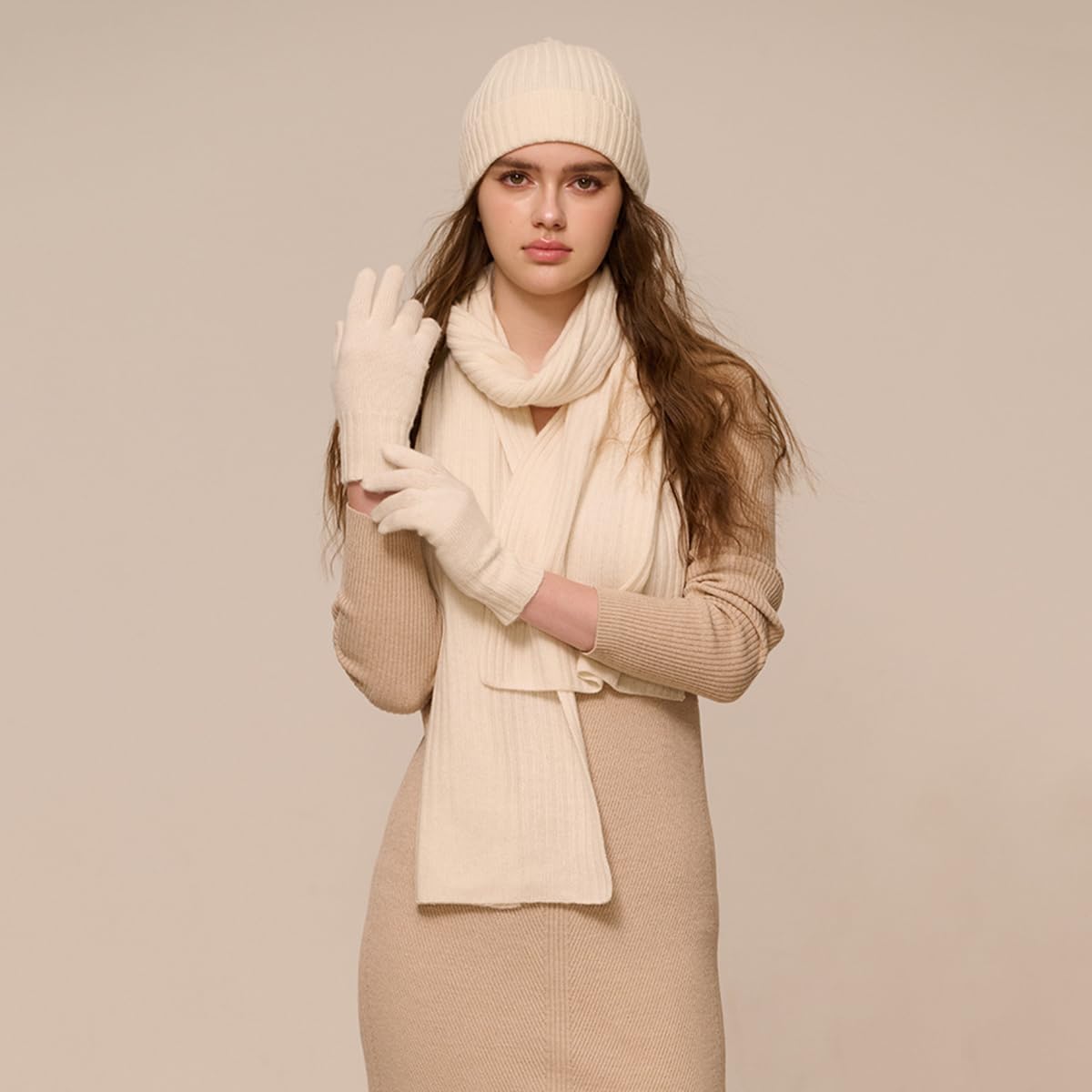 YUONNY Zimowa czapka beanie, długi szalik i rękawiczki, zestaw dla mężczyzn i kobiet, 100% wełna, ciepła, dzianinowa czapka z mankietami, szaliki na szyję i pełne palce, rękawica dla dorosłych, miękki