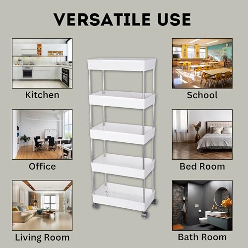 Image of AEXONIZ TOYS Plastic Kitchen Storage Trolley Rack with Wheels, Slide Out Rolling Utility Cart Storage Shelves, Space Saving Home Storage Organizer Racks (White, 5 Layer)