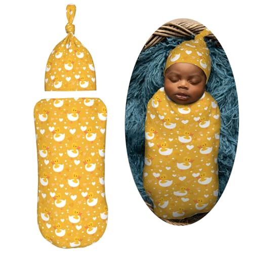 Image of Lovely Duck Heads and Heart Newborn Swaddle Blankets Hat Sets Soft Baby Receiving Blanket Swaddle Sack for Baby Shower Infant Boy Girl Gift
