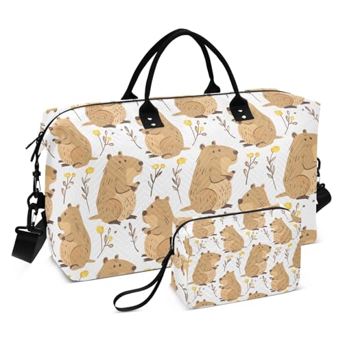 Cute Capybara Yellow Floral Travel Duffle Bag,Large Weekender Travel Bag for Women Men Waterproof Luggage Bag with Trolley Sleeve,Airplane Travel Essentials for Flying