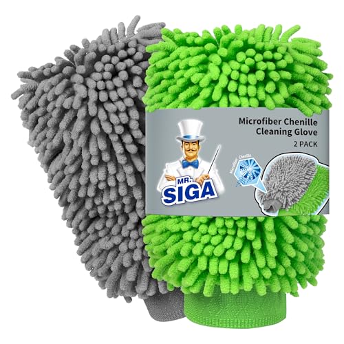 MR.SIGA Hochwertig Mikrofaser Waschhandschuh Weiche Chenille Autowaschhandschuh, 2 Stück, Grau & Grün, 2er Pack