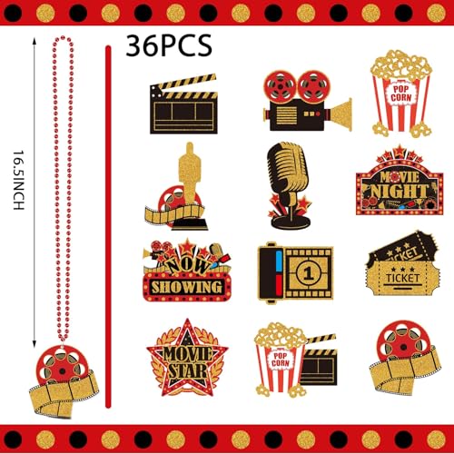 Ecally 36 Pcs Movie Night Party Favor, Movie Night Beaded Necklaces Bulk Theater Party Sign Necklaces with Red Black Gold Color Now Showing Ticket Kit Decorations for Birthday Supplies by Ecally - Used condition - Image 2