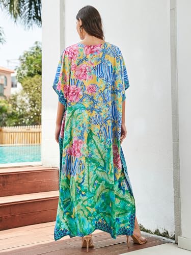 Image of IMAGEKOPE Women's Plus Size Loose Fit Moroccan Print V-Neck Batwing Kaftan Beach Dress Bathing Suit Cover Up