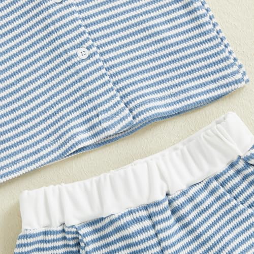 fhutpw Baby Toddler Boy Clothes Striped Button Down Shirt Tops + Elastic Waist Shorts Infant Boys Summer Outfits 2PCS Sets (A Blue, 2-3T) - Thumbnail 7
