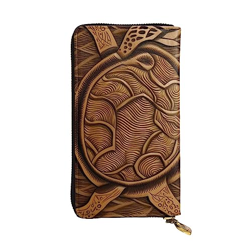 Portefeuille en cuir noir grand format avec fermeture éclair pour homme et femme motif Tapa Honu