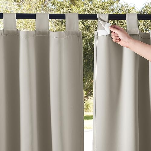 NICETOWN 2 Panels Natural Outdoor Patio Curtainss Waterproof, Detachable Sticky Tab Top Thermal Insulated Privacy Indoor Outdoor Drapes Cold & Heat Bl