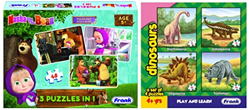 Image of Frank Cat;Dinosaur Puzzle for 4+ Years, Set of 4 & Masha and The Bear 3 in 1 Puzzle for 5 Year Old Kids and above, Pack of 1, Multicolor