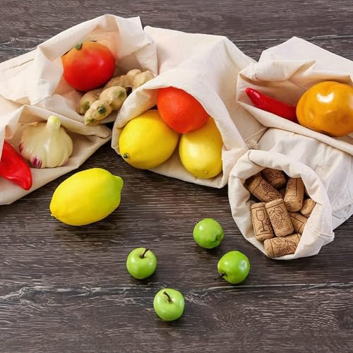 Image of Reusable Cotton Drawstring Storage Bags Set of 6 (2 Small, 2 Medium, 2 Large) | Washable Eco-Friendly Grocery & Vegetable Bags