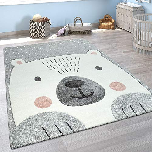 Alfombra Infantil Adorable Pelo Corto Oso Alegre 3D Moderna En Gris Bl
