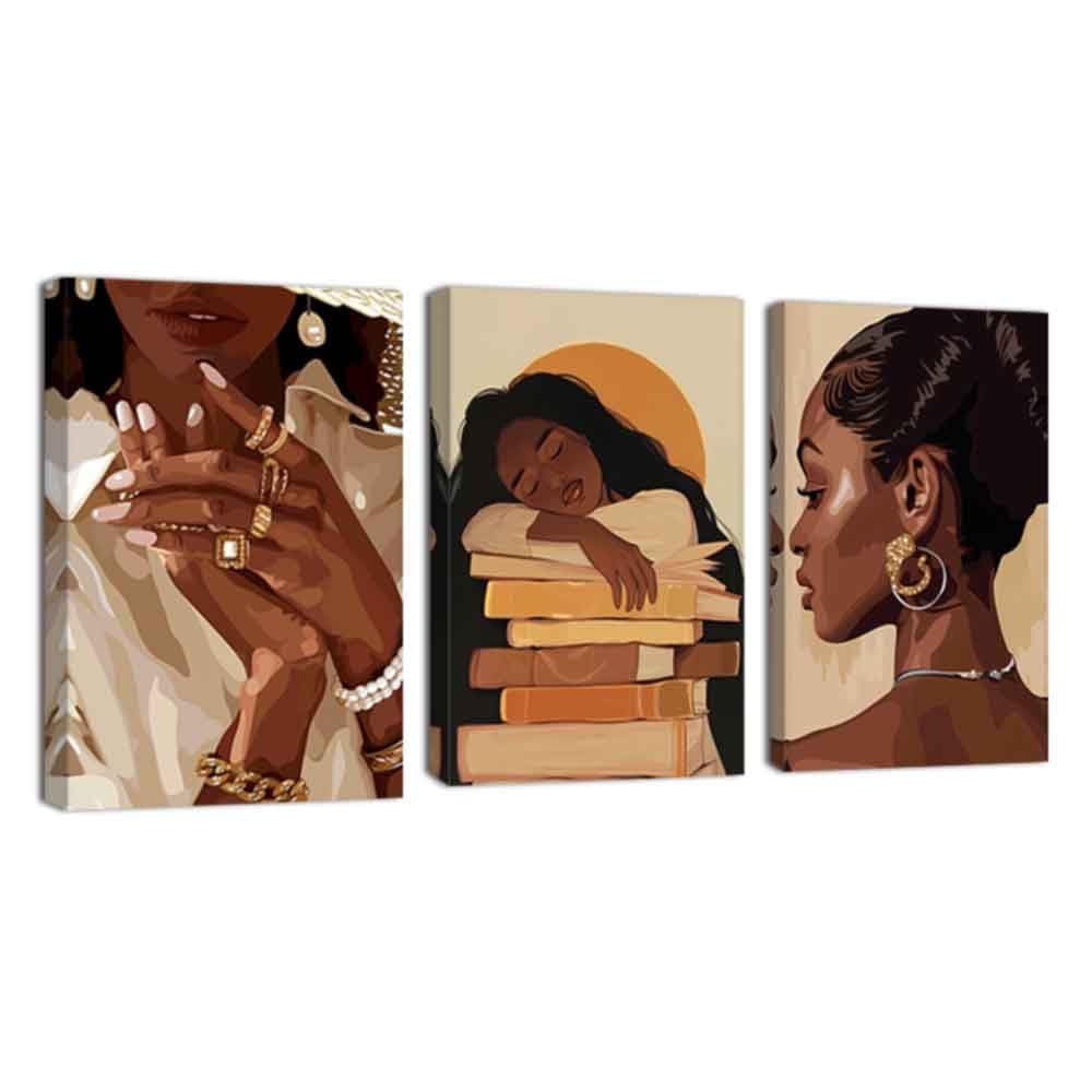 ZQQART Black Girl Canvas Wall Art Fashion African American Picture Prints Boho Black Woman Female Paintings Bathroom Home Wall Decor Framed(Brown,16.00"x24.00"x3Pcs)