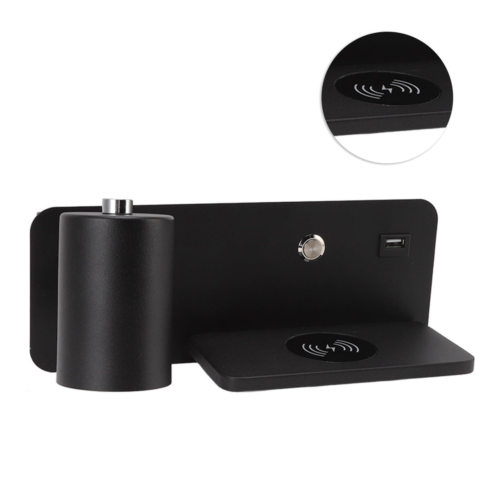 Kinkiet ścienny, 330° Plus 150° Regulowany Kinkiet USB do ładowania Bezprzewodowego Prosty Stylowy Kinkiet LED z płaską półką ładującą do Sypialni, Biura, Przy łóżku (Czarna Lewica)