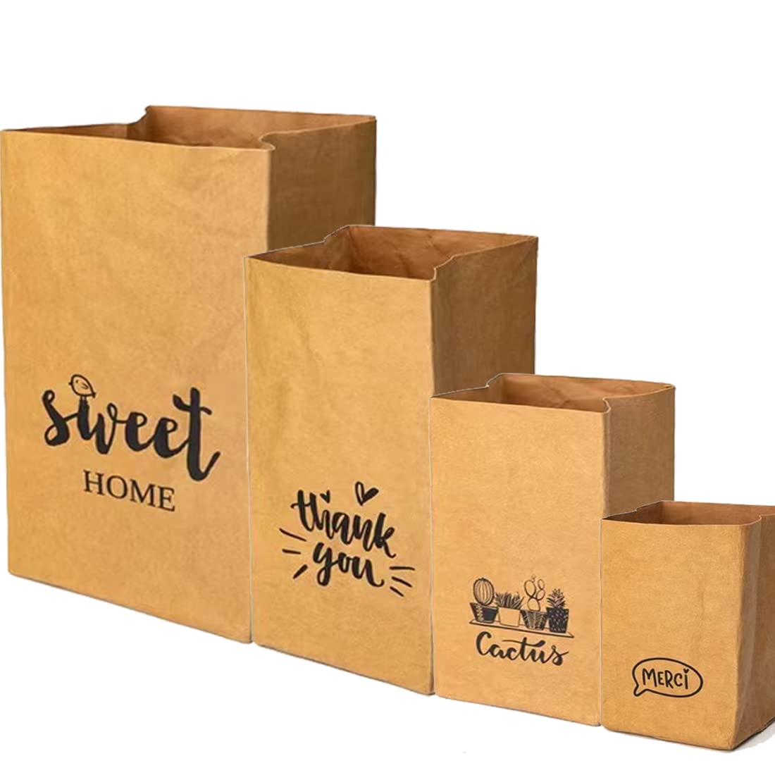 Photo 1 of 4 Packs Kraft Paper Bags in 4 Sizes Reusable Washable Durable Recyclable and Degradable Gerocery Paper Bags,Eco-friendly Material Vintage Style Paper Bag for Kitchen Fruit Vegetable Organizing,Refrigerator Food Storage Bag,Plants Pot (Sweet Home)