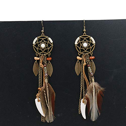 Vintage Ethnic Long Tassel Feather Beads Dream Catcher Drop Earrings Punk Wolf Tooth Pendant Bohemia Dreamcather Earring3
