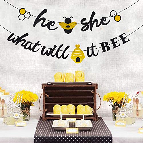 Bee Gender Reveal What Will It Bee Banner He Or She Beehive Themed Backdrop Black Glitter Baby Shower Party Supplies Decorations Amazon Co Uk Toys Games