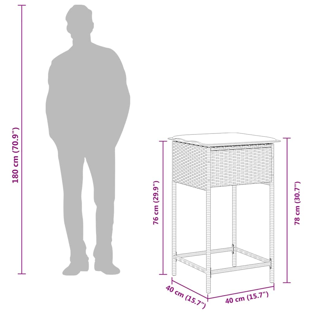 9-częściowy zestaw barów ogrodowych z poduszkami rattanowymi PE czarny | Stół ze szkła hartowanego, stal malowana proszkowo, zdejmowana pokrywa, maks. 110 kg na siedzenie