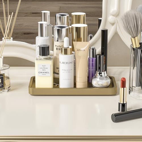 Image of Weenson Gold Bathroom Vanity Tray for Countertop Makeup Perfume Jewelry Decor Candle Keys, Bamboo Kitchen Tray for Soap Dispenser Spice, Small Toilet Tray Nightstand 7.9 inch L x 4 inch W x 0.79 inch H