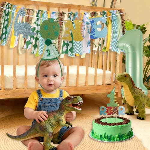 Image of Dinosaur Highchair Banner for First Birthday Party Decorations | Little Dino Roar I m One Birthday Fabric Banner for Boys Green Jungle Dinosaur High Chair Banner for 1st Bday Backdrop Decors