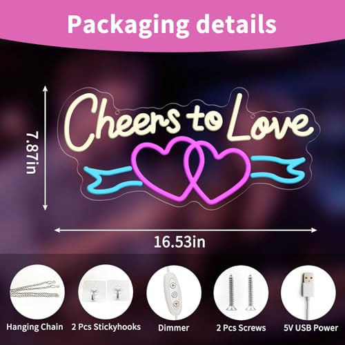 Image of Cheers to Love Valentine Neon Sign, USB Powered Neon Signs with Dimmer and Sticky Hook, Hanging LED Light Sign Decorations, Home Decor for Bedroom Wedding Party Wall 16.54 * 7.87 inch