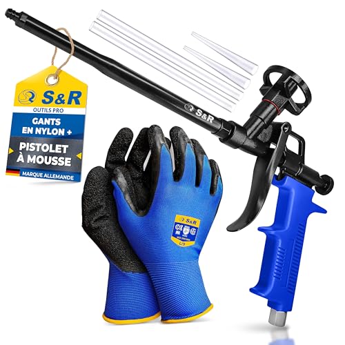 S&R Pistolet à Mousse Expansive Polyuréthane 330mm Pistolet à Calfeutrer Professionnel. Qualité industrielle - Dosage ergonomique et précis - Gants de travail inclus
