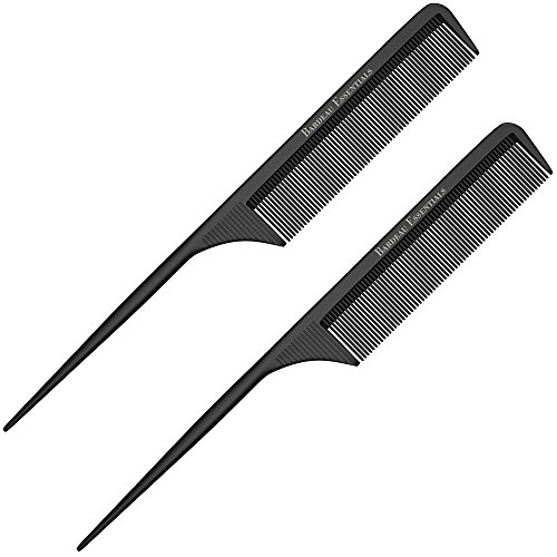 Styling Comb (2 Pack) Professional 8.8” Black Carbon Fiber Anti Static Chemical And Heat Resistant Tail Comb For All Hair Types | Fine and Wide Tooth Teasing Comb | Men and Women | Bardeau Essentials