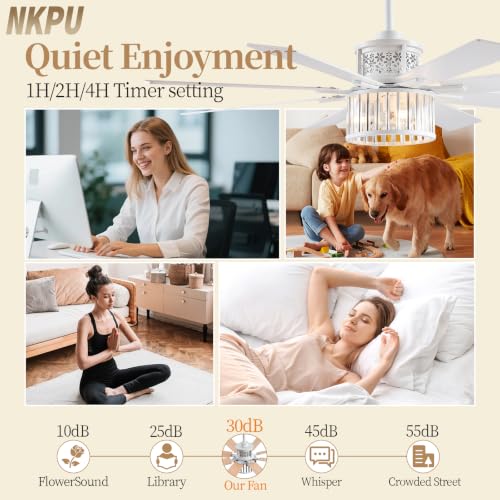 Image of NKPU 52 inch Farmhouse Crystal Ceiling Fans with Lights and Remote, Chandelier Industrial Ceiling Fan with Dual 8 Blades, 6 Speed Reversible Motor, Timing, White Ceiling Fan for Living room, Bedroom