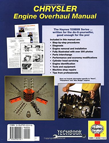 Back cover of the Haynes Chrysler Engine Overhaul Manual, detailing contents and showing exampdiagrammer.