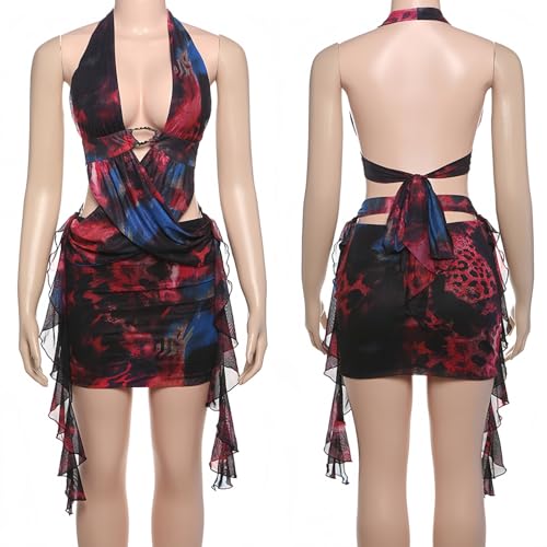 Image of Women's Sexy Open Back Floral Tropical Vacation Dress Crop Wrap Mesh Ruffle Mini Dress Beach Dresses