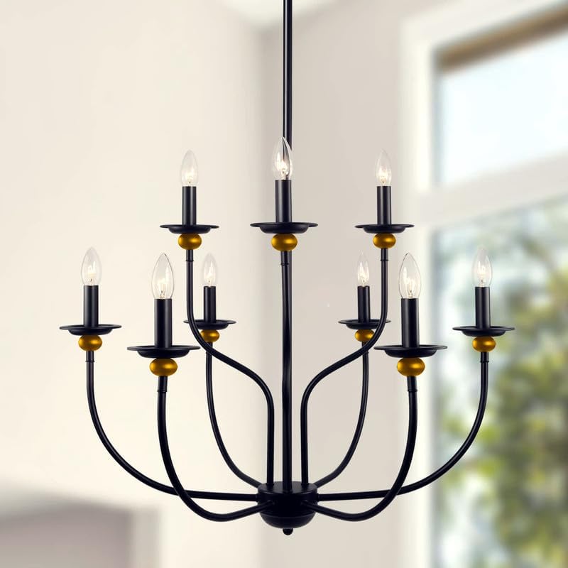 Light Home Decor Farmhouse Chandelier 9-Light Black/Gold Classic Candle Pendant Light Fixture Hanging Light Vintage Ceiling Chandelier for Dining Room,Kitchen,Bedroom,Foyer, Living Room-image-33