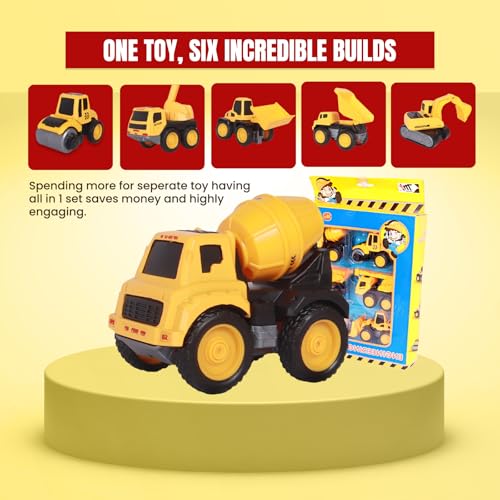 Image of PUREjoy Plastic Realistic Construction Vehicles, 6-Piece Mini Set with Pull-Back Action, Friction-Powered Trucks, Chunky Kid-Friendly Design, Yellow, Small