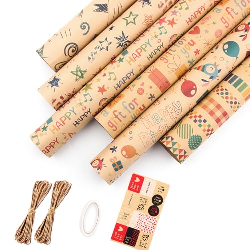 Emballage cadeau complet avec feuilles kraft de 100 cm, corde et autocollants de fête
