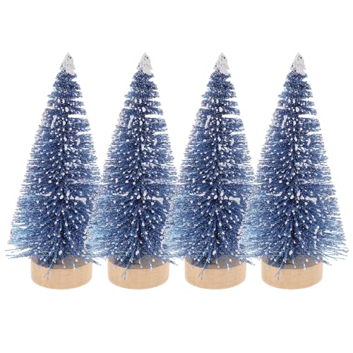 BESPORTBLE Blue Mini Christmas Tree, 4Pcs Blue Bottle Brush Trees Mini Sisal Snow Frost Trees with Wooden Base for Christmas Decor Christmas Party Home Table Craft Decorations