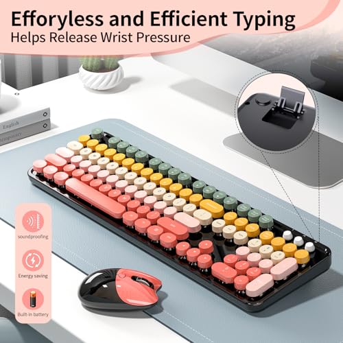 Image of Wireless Keyboard and Mouse, MOFII 104 Round Keycaps Retro Typewriter with OTG & Brush, Full-Size Ergonomic, Ideal for Windows PC, Home, Office and College Rainbow Red