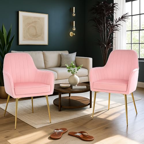 Image of Velvet Accent Chair | Luxury Upholstered Armchair with Sturdy Metal Legs | Modern Comfortable Chair for Living Room, Bedroom, Office, or Cafe (Golden Legs, Baby Pink Set of 2)