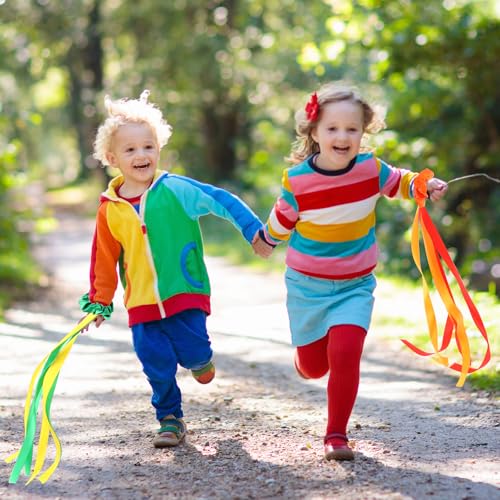 Image of VioraWhite 6 Pcs Rainbow Dance Ribbons for Kids Rainbow Rhythm Ribbons Elastic Wrist Streamers Hand Held Rhythm Streamers Gymnastics Dance Party Props for Adult Decor (0.8 x 19.7 Inch,Multicolor)