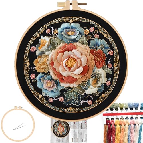 Image of FONNUY Floral Embroidery Kit, Cross Stitch Kits for Beginners, Handmade Crafts with Printed Patterns for Beginner Adults, Easy to Follow Color Thread Needlework, 8'' Hoop (Vibrant Flowers)